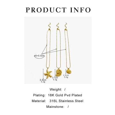Marine Style Starfish Conch Shell 316L Stainless Steel 18K Gold Plated Pendant Necklace
