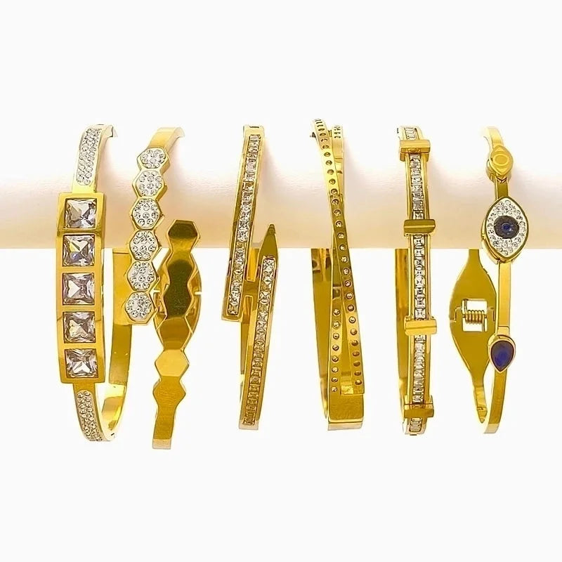 Minimalist Shiny Geometric Titanium Steel Gold Plated Zircon Bangle In Bulk