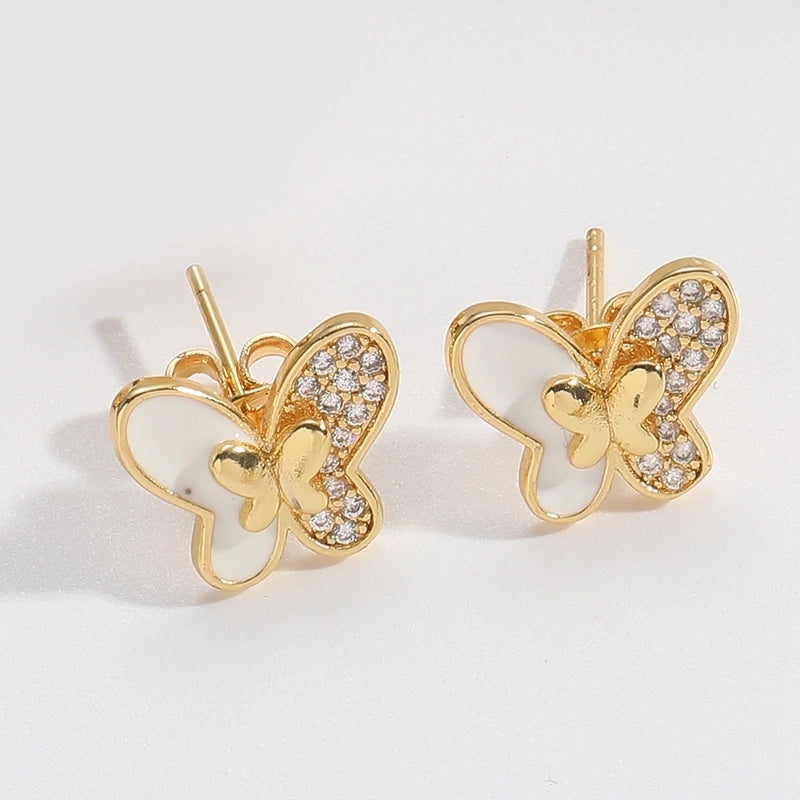 1 Pair Elegant Minimalist Commute Eye Butterfly Enamel Inlay Copper Zircon 14K Gold Plated Ear Studs