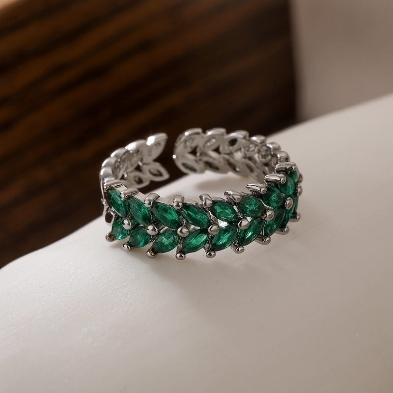 Vintage Style Minimalist Commute Leaf Copper Plating Inlay Zircon 18k Gold Plated Open Rings