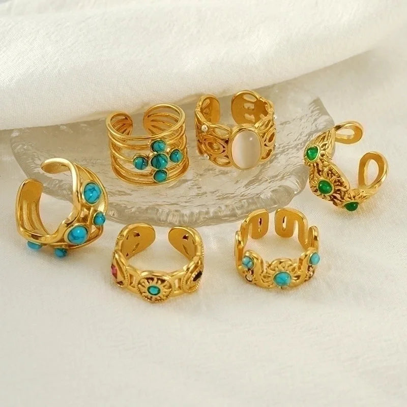 304 Stainless Steel 18K Gold Plated Minimalist Plating Inlay Round Natural Stone Open Rings