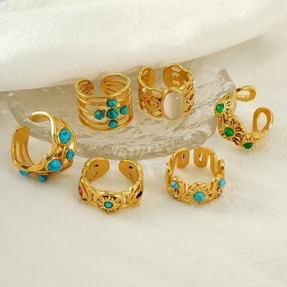 304 Stainless Steel 18K Gold Plated Minimalist Plating Inlay Round Natural Stone Open Rings