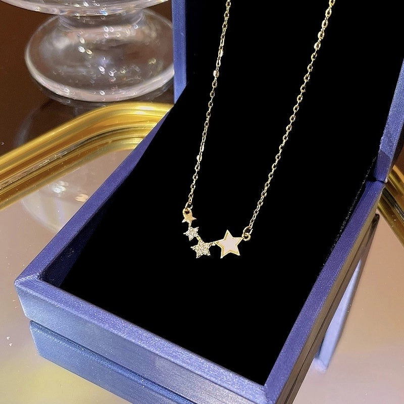 Elegant Classic Style Geometric Moon Bow Knot Titanium Steel Zircon Pendant Necklace