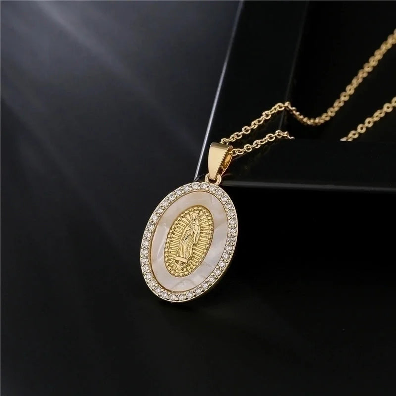 New Copper-plated 18k Gold Dripping Oil Zircon Virgin Mary Pendent Necklace