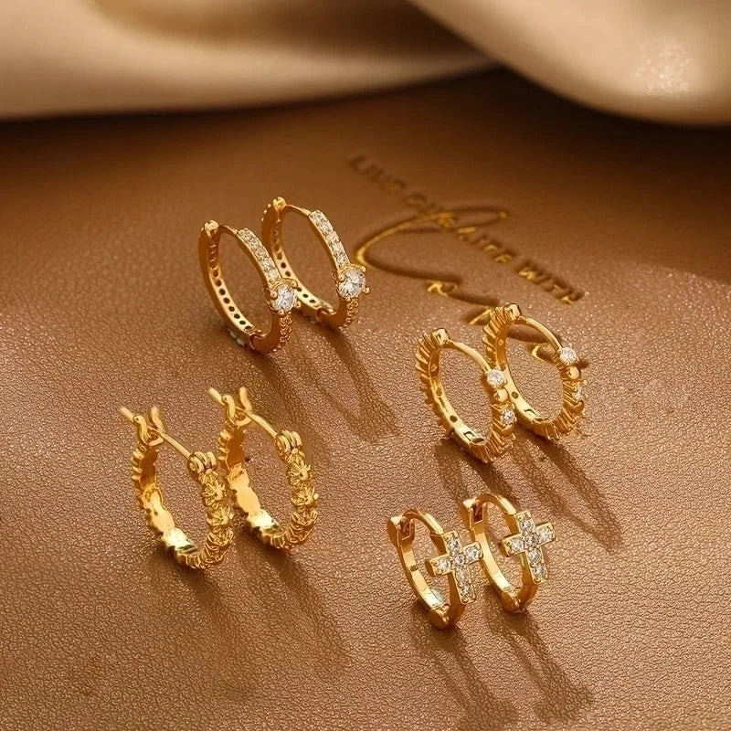 1 Pair Minimalist Shiny Cross Circle Inlay 304 Stainless Steel Zircon Earrings