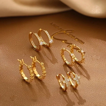 1 Pair Minimalist Shiny Cross Circle Inlay 304 Stainless Steel Zircon Earrings