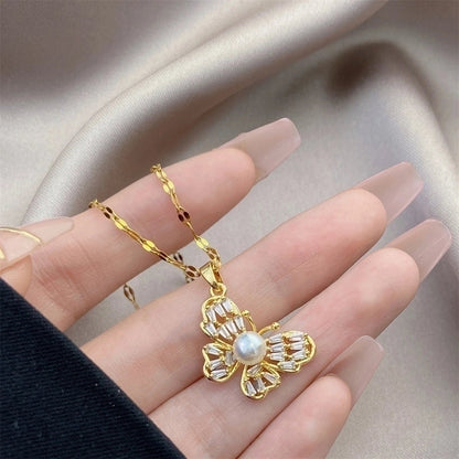 Minimalist Bow Knot Titanium Steel Copper Inlay Rhinestones Pendant Necklace