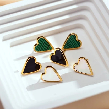1 Pair Elegant Stripe Heart Shape Plating Inlay Copper Malachite Shell Gold Plated Ear Studs