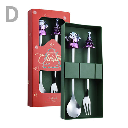 J Christmas Spoon Set Cartoon Colorful Santa Claus Christmas Tree Spoon Fork Coffee Dessert Spoon Gift Box