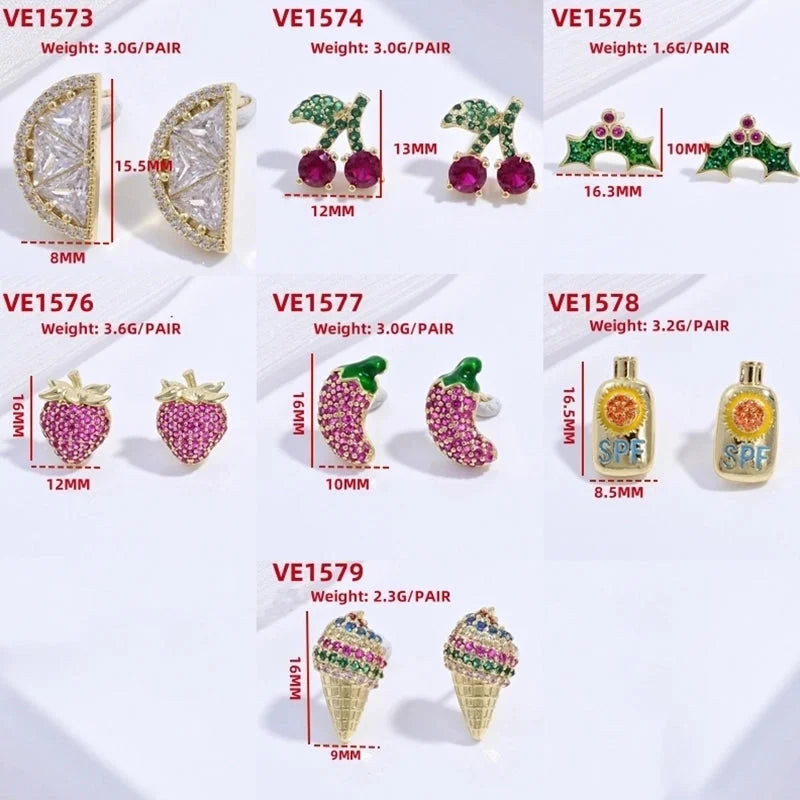 1 Pair Casual Sweet Minimalist Ice Cream Cherry Pineapple Enamel Copper Zircon 18K Gold Plated Ear Studs