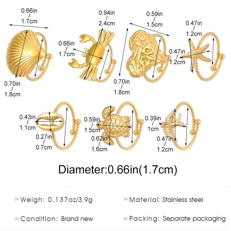 Marine Style Minimalist Starfish Crab Shell Titanium Steel 18K Gold Plated Open Rings
