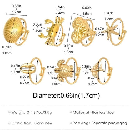 Marine Style Minimalist Starfish Crab Shell Titanium Steel 18K Gold Plated Open Rings