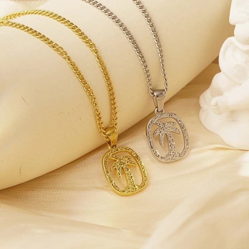 Beach Coconut Tree 304 Stainless Steel 18K Gold Plated Plating Hollow Out Pendant Necklace