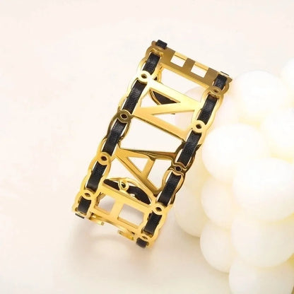 Minimalist Letter Leather Rope Titanium Steel Bangle In Bulk