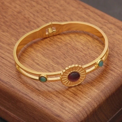 Basic Retro Modern Style Geometric Stainless Steel 18K Gold Plated Opal Bangle In Bulk