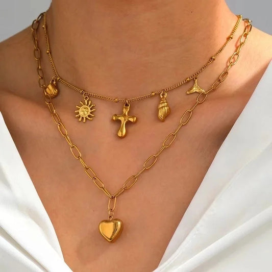 Cute Sweet Cross Sun Heart Shape Titanium Steel 18K Gold Plated Double Layer Necklaces Multi Charms Necklace