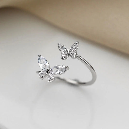 Sweet Shiny Butterfly Stainless Steel Inlay Zircon Open Rings