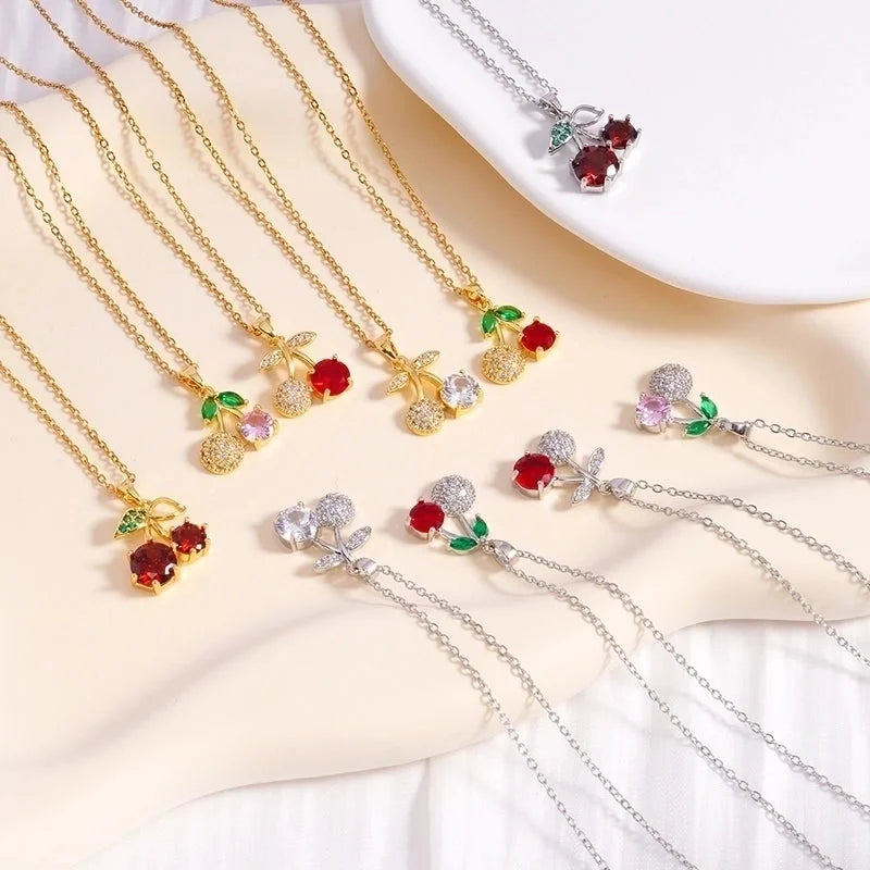 IG Style Glam Cherry 304 Stainless Steel Copper Zircon Inlay Pendant Necklace Cable Chain