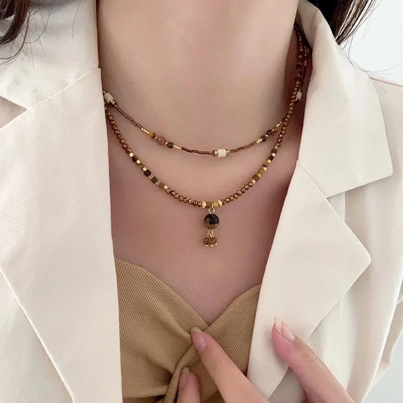 Minimalist Geometric Natural Stone Tiger Eye Pendant Necklace In Bulk