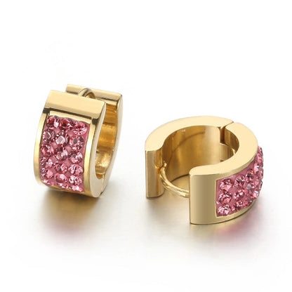 1 Pair Shiny Round Solid Color Inlay Stainless Steel Rhinestones 18K Gold Plated Earrings