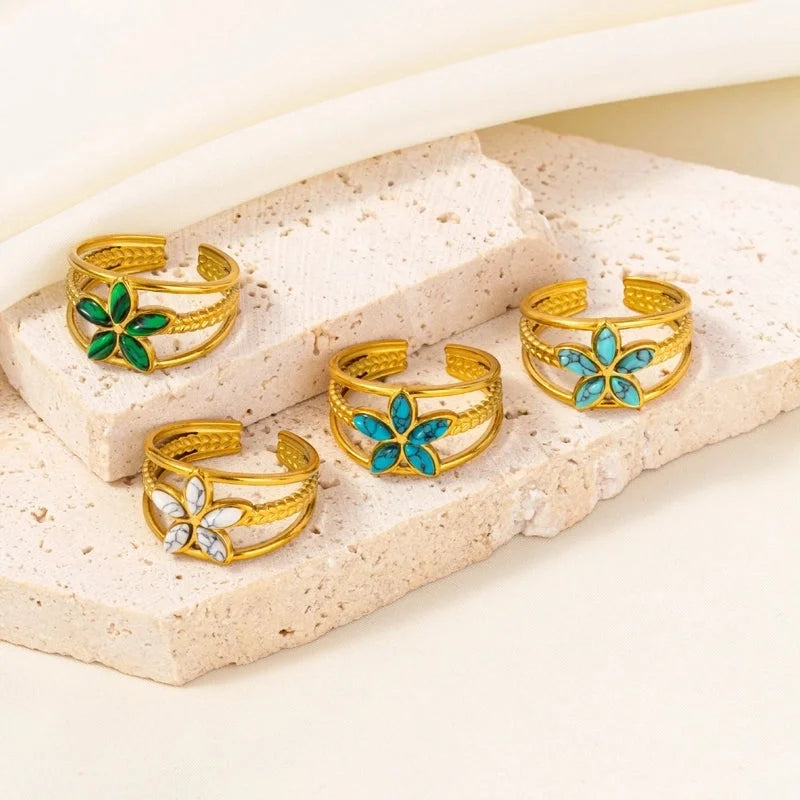 304 Stainless Steel 18K Gold Plated Classical Vintage Style Classic Style Inlay Geometric Flower Artificial Gemstones Imitating Stone Open Rings