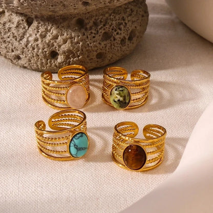 Vintage Style Modern Style Minimalist Oval 304 Stainless Steel Natural Stone 18K Gold Plated Hollow Out Inlay Open Rings