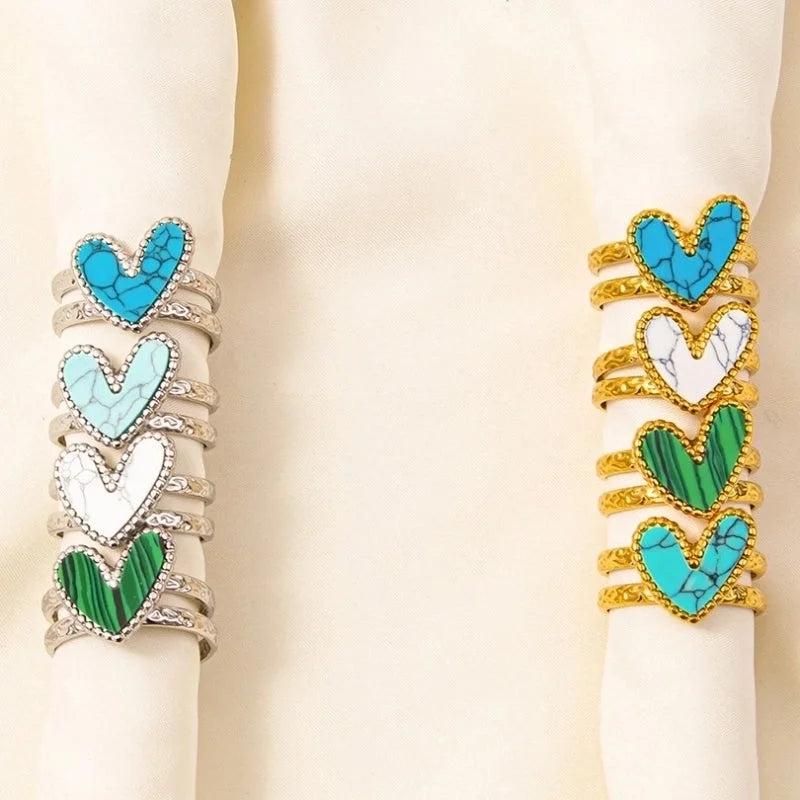 304 Stainless Steel Minimalist Inlay Heart Shape Artificial Gemstones Rings