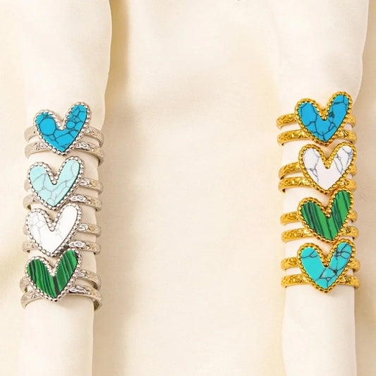 304 Stainless Steel Minimalist Inlay Heart Shape Artificial Gemstones Rings