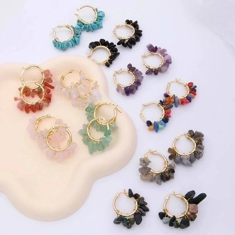 2 Pieces Ethnic Style Bohemian Tropical Solid Color Handmade Plating Natural Stone Copper 18k Gold Plated Hoop Earrings