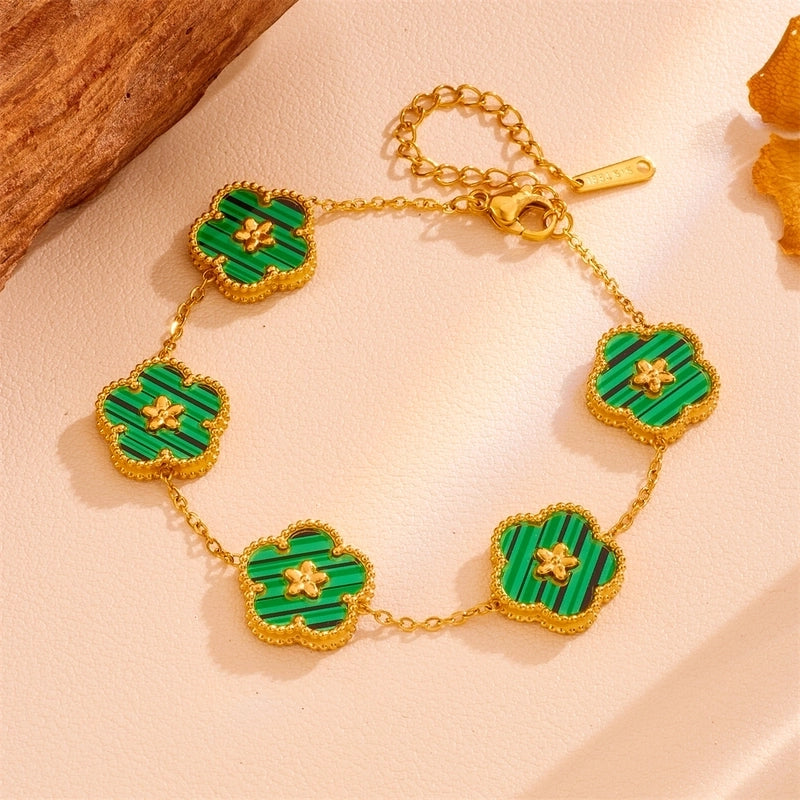 Sweet Minimalist Flower Titanium Steel Artificial Gemstones Turquoise Shell Inlay Jewelry Set