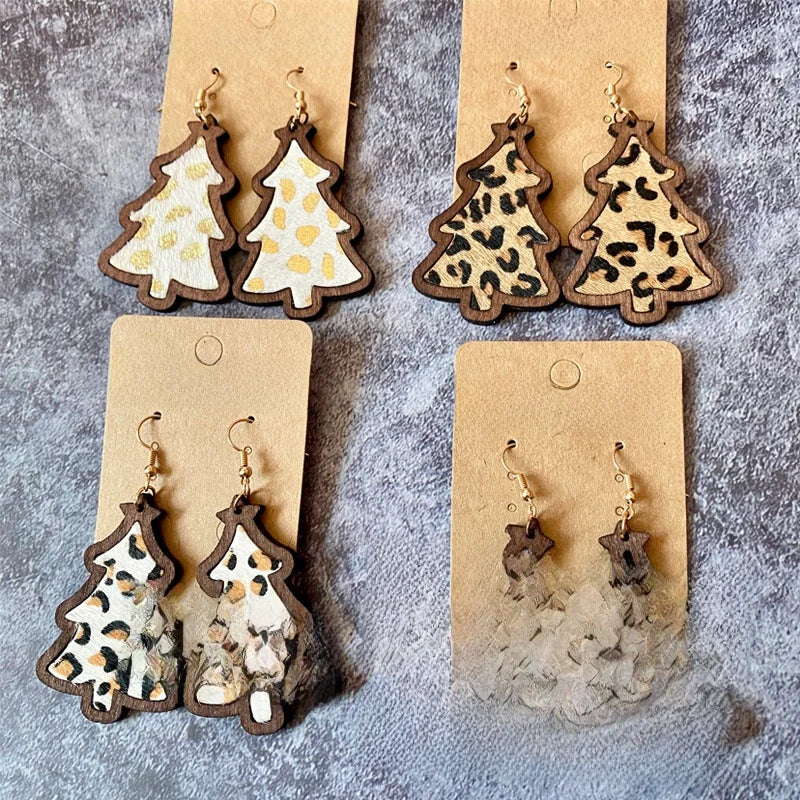 1 Pair Retro Christmas Tree Leopard Wood Drop Earrings