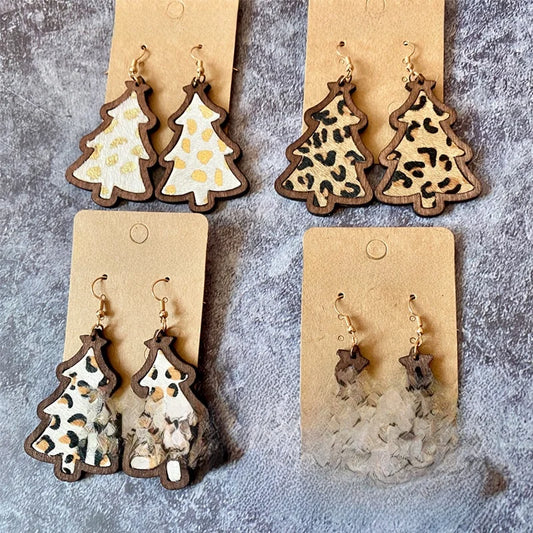 1 Pair Retro Christmas Tree Leopard Wood Drop Earrings