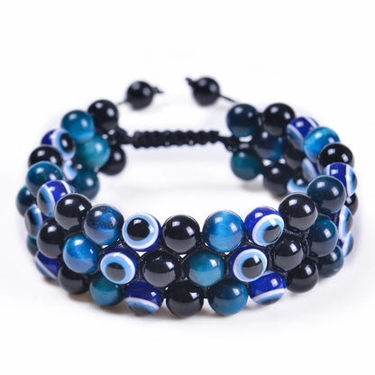Fashion Bracelet Natural Blue Tiger Eye Handmade Woven Evil Eye Bracelet Men's Three-layer Bracelet