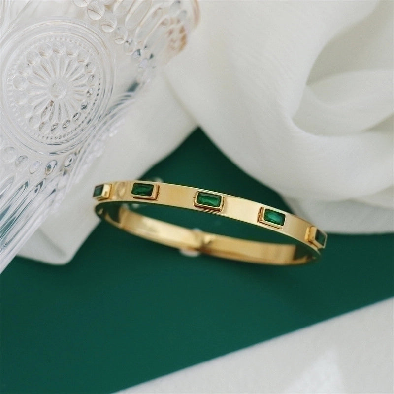 Casual Minimalist Round Square Stripe Stainless Steel Plating Inlay Zircon 18k Gold Plated Bangle