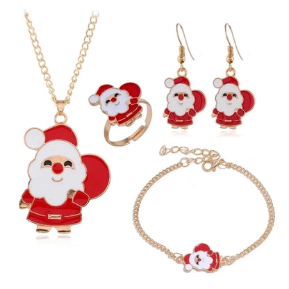 Christmas Series Earrings Necklace Bracelet Ring Set Santa Elk Bell Gift Jewelry
