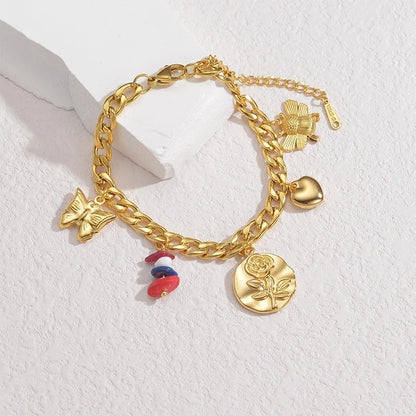 Sweet Minimalist Heart Shape Flower Butterfly 304 Stainless Steel 18K Gold Plated Figaro Chain Multi Charms Bracelet Bracelets In Bulk