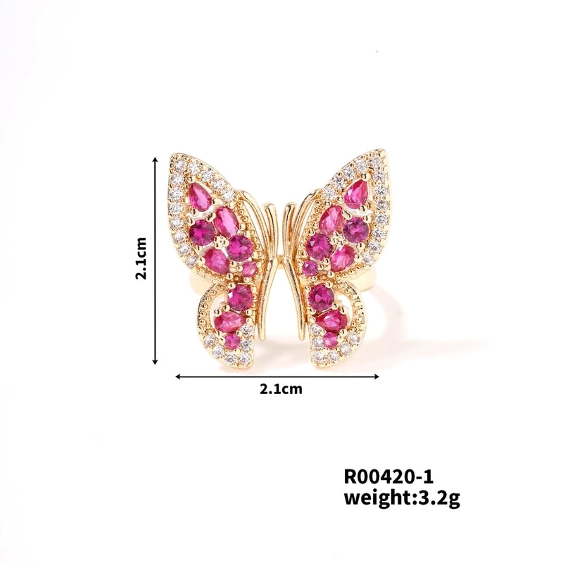 Copper K Gold Plated Rhodium Plated Sweet Minimalist Artistic Inlay Butterfly Zircon Open Rings