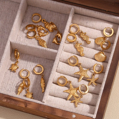 Fashion Dolphin Seahorse Animal Chinese Zodiac Stainless Steel 18K Gold Plated Earrings