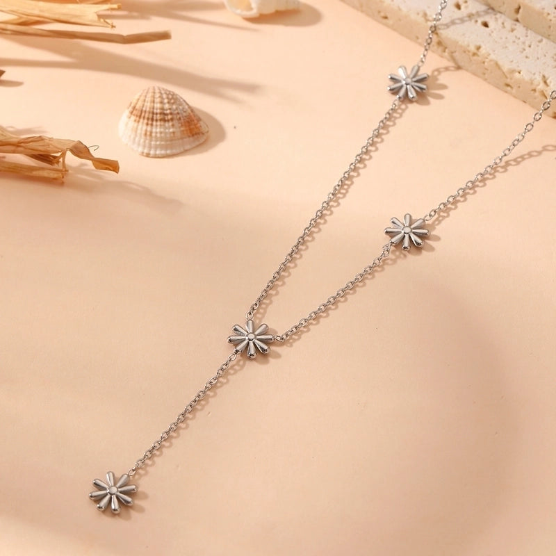 Sweet Minimalist Flower Titanium Steel 18K Gold Plated Bracelets Necklace Jewelry Set