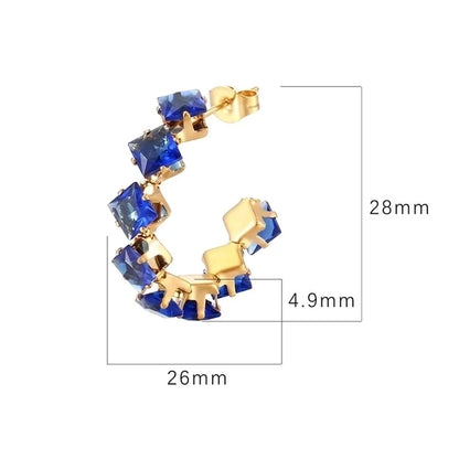 1 Pair IG Style Baroque Style Shiny C Shape Rhombus Inlay 316 Stainless Steel Zircon 18K Gold Plated Ear Studs