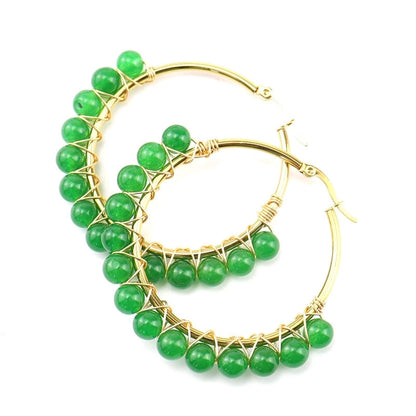 1 Pair Retro Minimalist Round Beaded Plating Natural Stone Copper Hoop Earrings