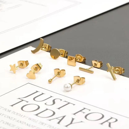 1 Pair Minimalist Pentagram Square Moon Inlay 304 Stainless Steel Pearl 18K Gold Plated Stainless Steel Earrings