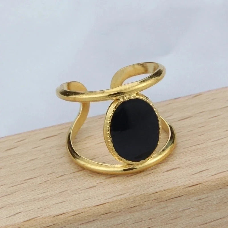 Minimalist Geometric 304 Stainless Steel Natural Stone 18K Gold Plated Hollow Out Open Ring