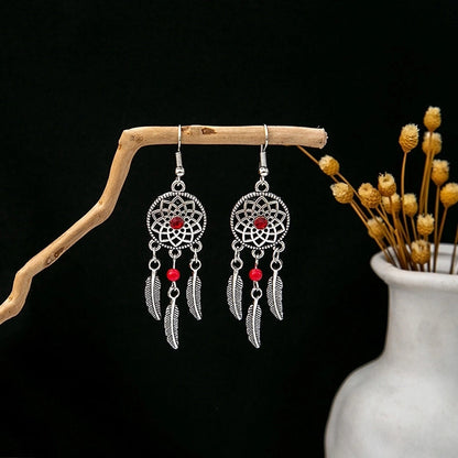 Bohemian Blue Turquoise National Style Earrings Imitation Miao Silver Metal Earrings Vintage Tassel Earrings