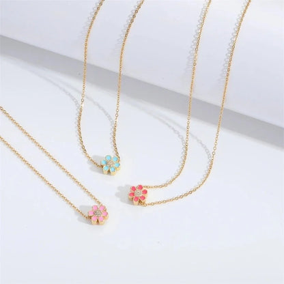 Copper 14K Gold Plated Enamel Flower Zircon Pendant Necklace