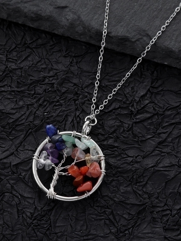 Novelty Artistic Round Tree Alloy Natural Stone Steel Hollow Out Inlay Natural Stone Women's Pendant Necklace