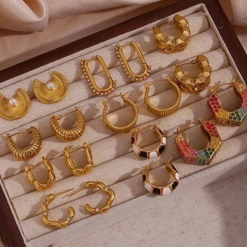 1 Pair Vintage Style Classic Style U Shape Semicircle Stripe Enamel Plating Inlay 304 Stainless Steel Rhinestones 18K Gold Plated Earrings