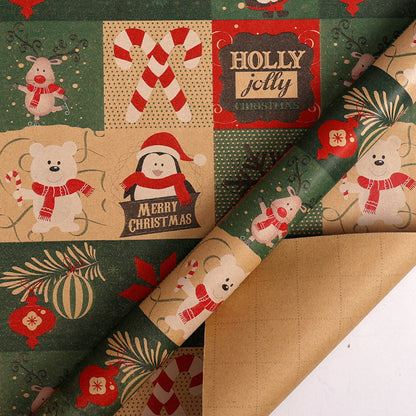 Large Size Gift Wrapping Paper Roll Brown Christmas Reindeer Head Elk Green Plaid Gift Box Recyclable Gift Paper