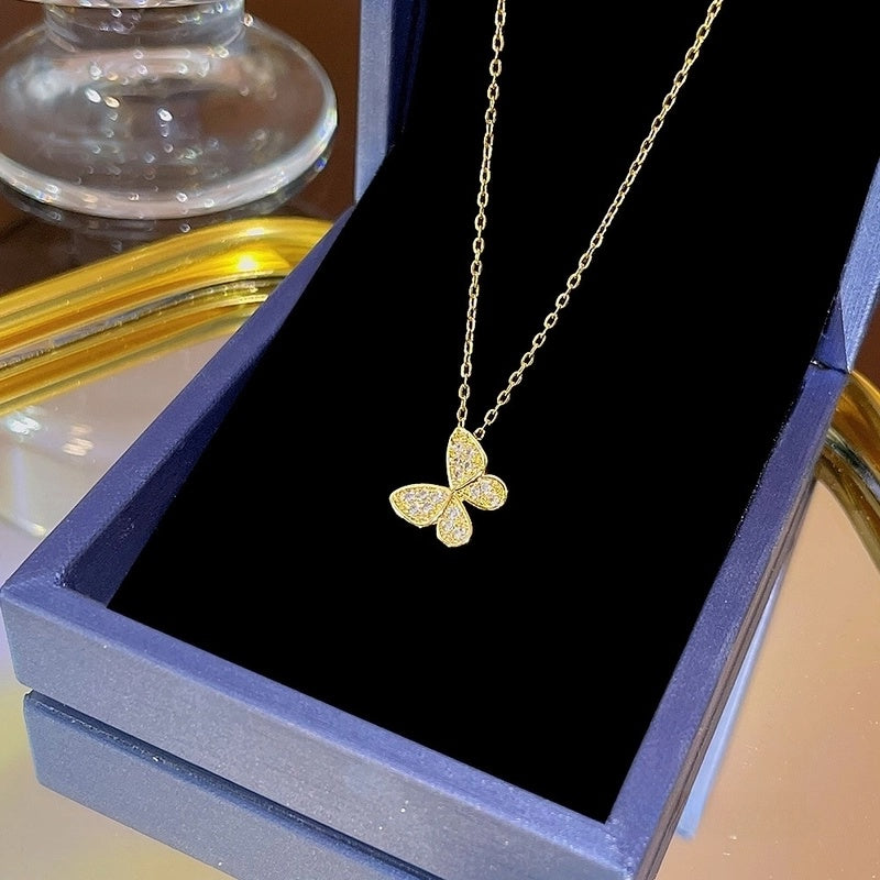 Elegant Classic Style Geometric Moon Bow Knot Titanium Steel Zircon Pendant Necklace