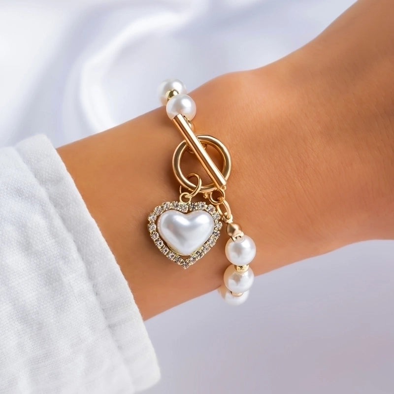 Lady Heart Shape Imitation Pearl Alloy Bracelets
